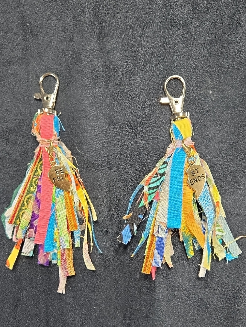 Boho Multicolor Fabric Tassel Keychain Pair with Heart Charms - MATCHED SET